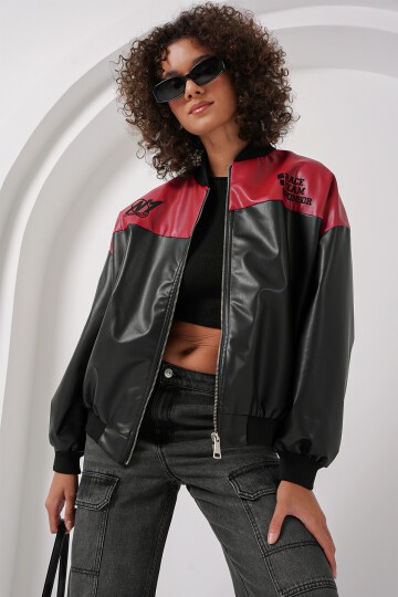 Merterium 0698 Baskılı Suni Deri Bomber Ceket - Bordo