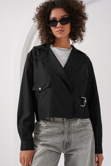 Merterium 0712 Kruvaze Yaka Kısa Trençkot - Siyah