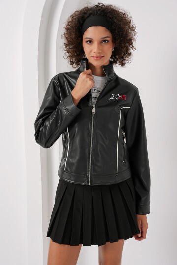 Merterium 1041 Dik Yaka Suni Deri Ceket - Siyah