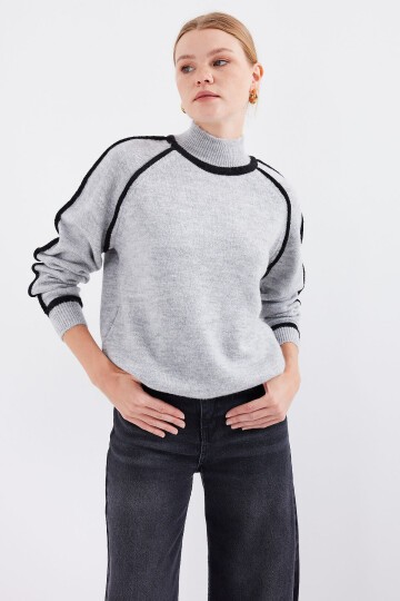 Merterium 15879 Çizgili Oversize Triko Kazak - Gri