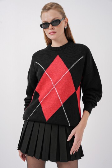 Merterium 15895 Baklava Desenli Oversize Triko Kazak - Siyah