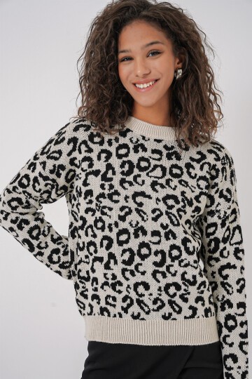 Merterium 15909 Kadın Desenli Oversize Triko Kazak - Ekru