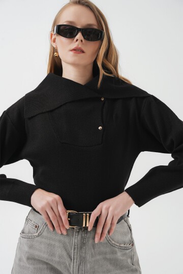 Merterium 15921 Geniş Yaka Triko Kazak - Siyah