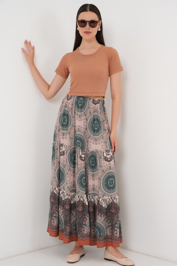 Merterium 1898 Desenli Uzun Etek - Zümrüt Yeşili