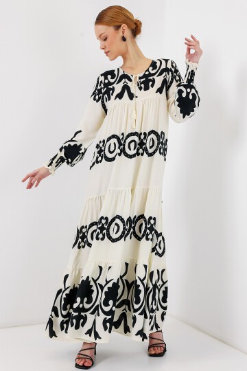 Merterium 1947 Desenli Uzun Elbise - B.Beyaz