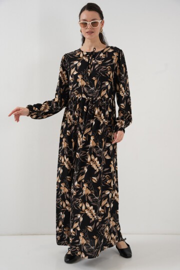 Merterium 1947 Desenli Uzun Elbise - L. Siyah