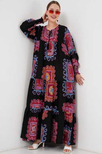 Merterium 1947 Desenli Uzun Elbise - M. Kırmızı