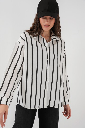 Merterium 20254 Çizgili Oversize Basic Gömlek - Siyah - Beyaz 1