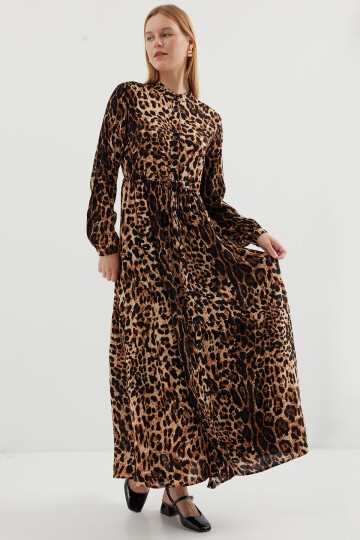 Merterium 2144 Hakim Yaka Tesettür Elbise - A.Kahve