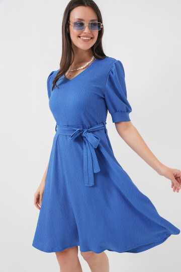 Merterium 2370 Kuşaklı Örme Elbise - Saks