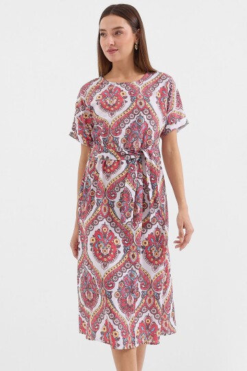 Merterium 2389 Kemerli Keten Elbise - Nar