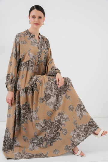 Merterium 2423 Otantik Desenli Tesettür Elbise - A. Vizon