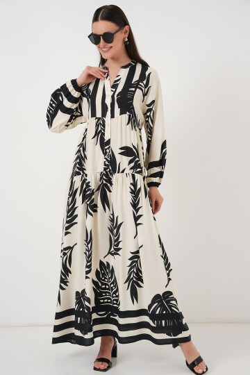 Merterium 2423 Otantik Desenli Tesettür Elbise - A.Beyaz