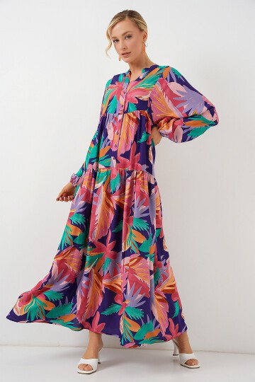 Merterium 2423 Otantik Desenli Tesettür Elbise - A.Pudra