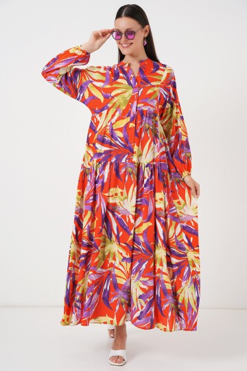 Merterium 2423 Otantik Desenli Tesettür Elbise - B.Lila