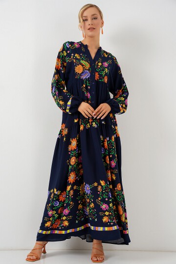 Merterium 2423 Otantik Desenli Tesettür Elbise - Düz Lacivert