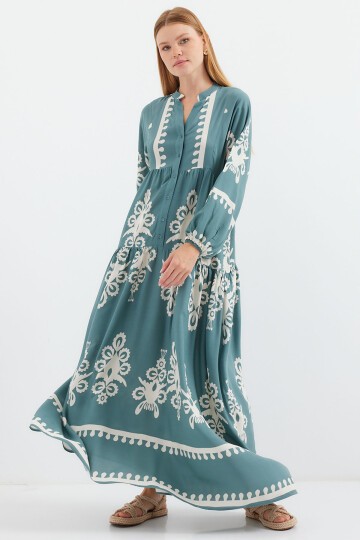Merterium 2423 Otantik Desenli Tesettür Elbise - F.Mint