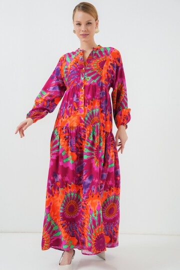Merterium 2423 Otantik Desenli Tesettür Elbise - H. Fuşya