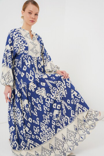 Merterium 2423 Otantik Desenli Tesettür Elbise - İndigo 1