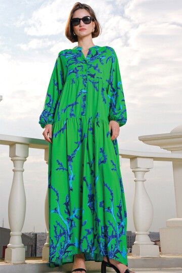 Merterium 2423 Otantik Desenli Tesettür Elbise - Koyu Yeşil