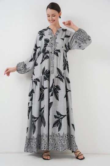 Merterium 2423 Otantik Desenli Tesettür Elbise - Taş