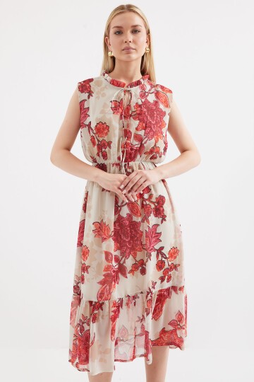 Merterium 2503 Desenli Sıfır Kol Şifon Elbise - Nar