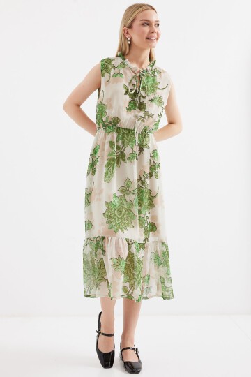 Merterium 2503 Desenli Sıfır Kol Şifon Elbise - Yeşil