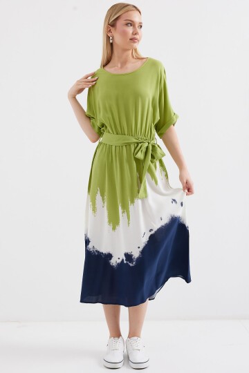 Merterium 2504 Desenli Kısa Kol Viskon Elbise - Çağla