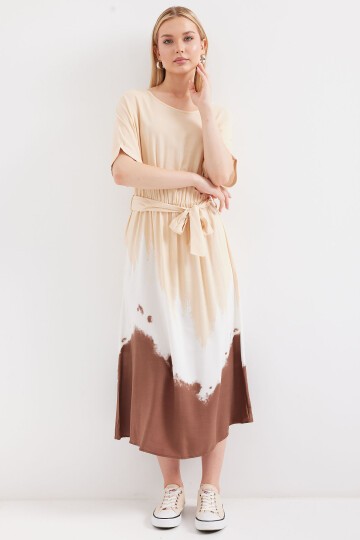 Merterium 2504 Desenli Kısa Kol Viskon Elbise - Krem