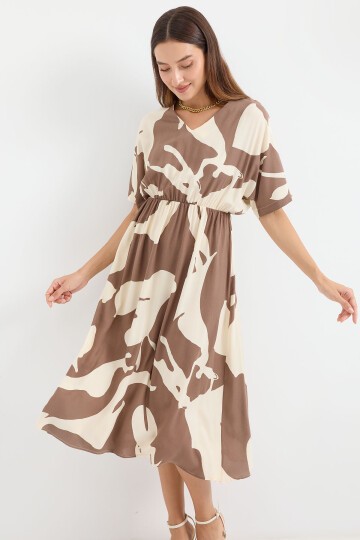 Merterium 2511 Beli Lastikli Desenli Elbise - Kahverengi