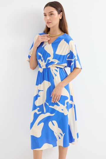 Merterium 2511 Beli Lastikli Desenli Elbise - Mavi