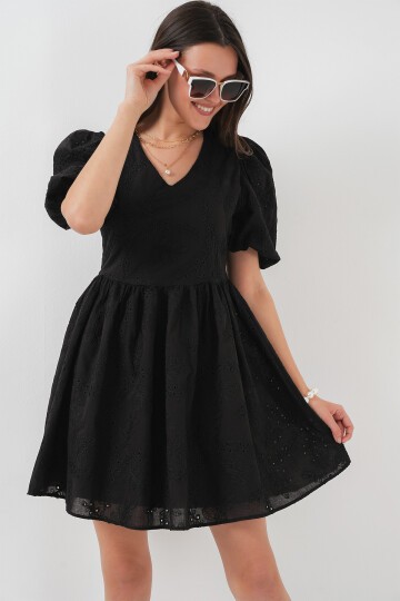 Merterium 2529 Fistolu Kısa Elbise - Siyah