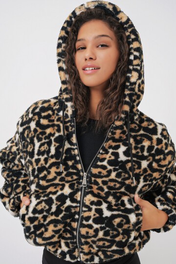 Merterium 5193 Kapüşonlu Peluş Crop Ceket - D.Kahve