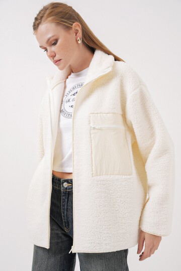 Merterium 55446 Fermuarlı Oversize Peluş Mont - Bej