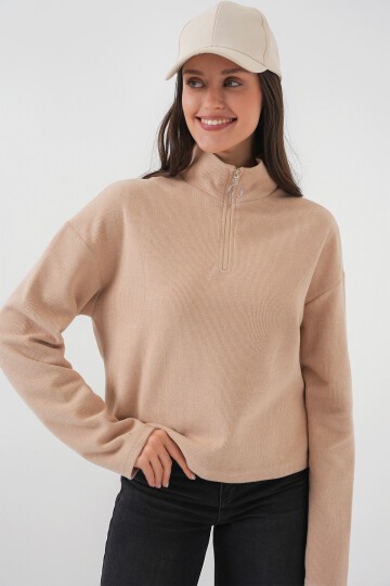 Merterium 55449 Fermuarlı Yaka Örme Sweatshirt - Camel