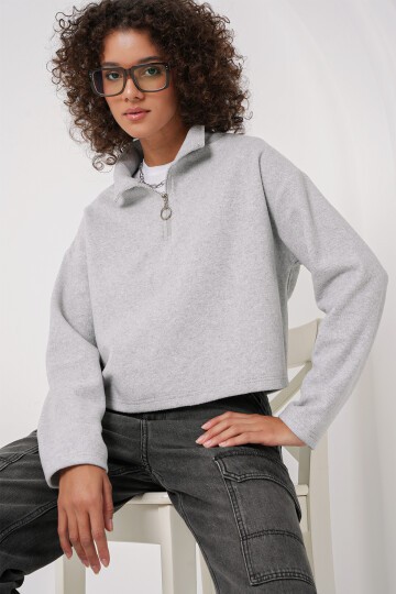 Merterium 55449 Fermuarlı Yaka Örme Sweatshirt - Gri