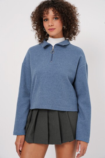 Merterium 55449 Fermuarlı Yaka Örme Sweatshirt - İndigo