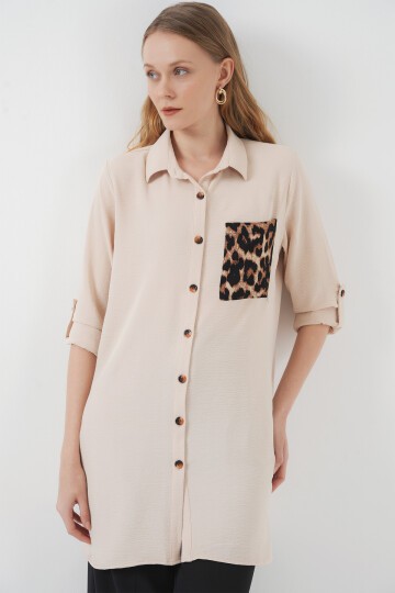 Merterium 5851 Cep Detaylı Gömlek Tunik - Bej