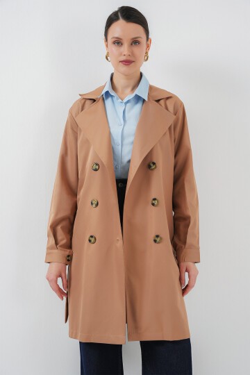 Merterium 5864 Kruvaze Yaka Kısa Trençkot - Taba