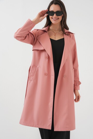 Merterium 5918 Kruvaze Yaka Trençkot - Pembe