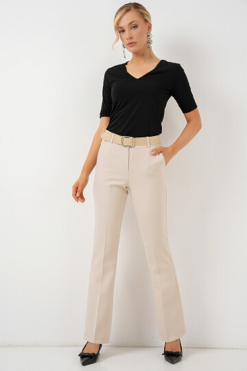 Merterium 6538 Kemerli İspanyol Paça Pantolon - Bej