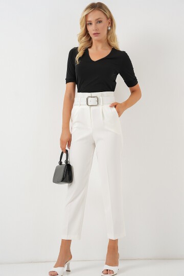 Merterium 6556 Kemerli Kumaş Pantolon - Ekru