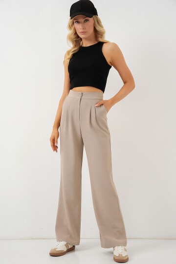 Merterium 6638 Yüksek Bel Palazzo Pantolon - A.Bej
