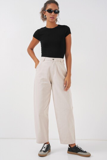 Merterium 6703 Yüksek Bel Kot Pantolon - Ekru