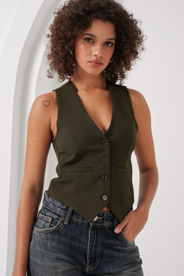 Merterium 6796 Kısa Dokuma Yelek - Haki