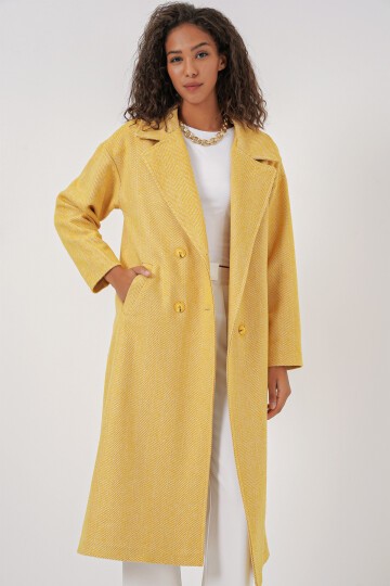 Merterium 9113 Oversize Geniş Kesim Yünlü Uzun Kaşe Kaban - Sarı