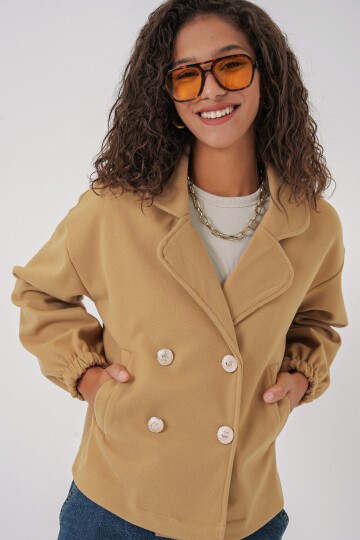 Merterium 9117 Kruvaze Yaka Crop Ceket - Hardal