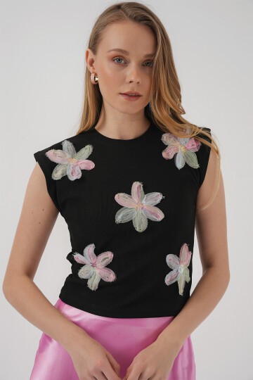 Merterium 930 Kısa Kol Desenli Crop Bluz - Siyah