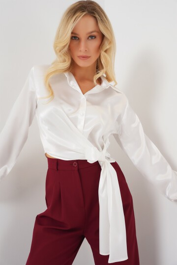 Merterium Kadın Bağlamalı Uzun Kol Saten Gömlek 20287 - Beyaz