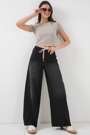 Merterium Kadın Bol Paça Kot Pantolon 6705 - Siyah